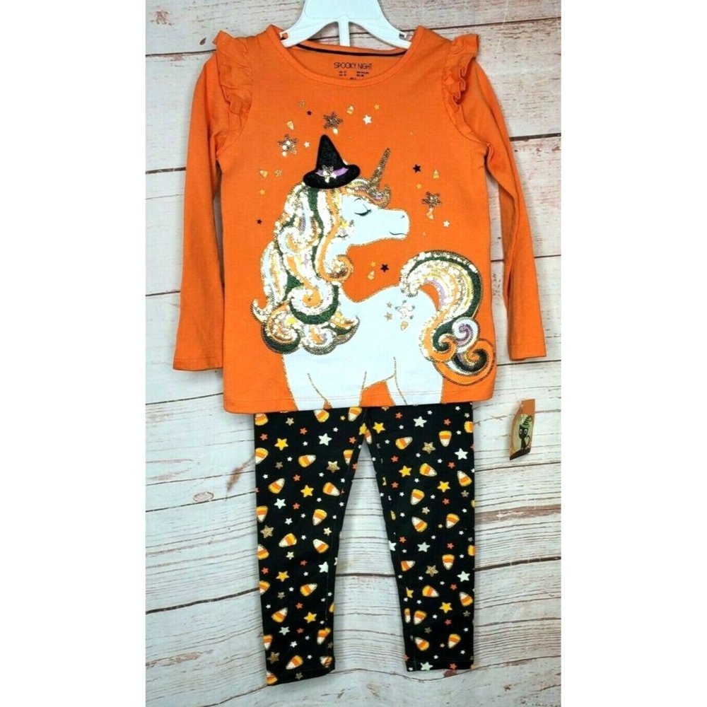 Spooky Night Unicorn Sequin 3 Toddler 2 Piece Kids Orange Shirt Pants Set